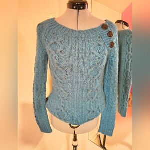 DKNY Sky Blue Cable-Knit Button-Shoulder Sweater